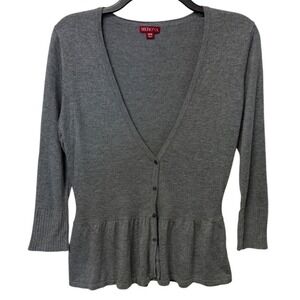 Merona Womens M Medium Gray V Neck Cardigan Peplum Button‎ Up Sweater 3/4 sleeve